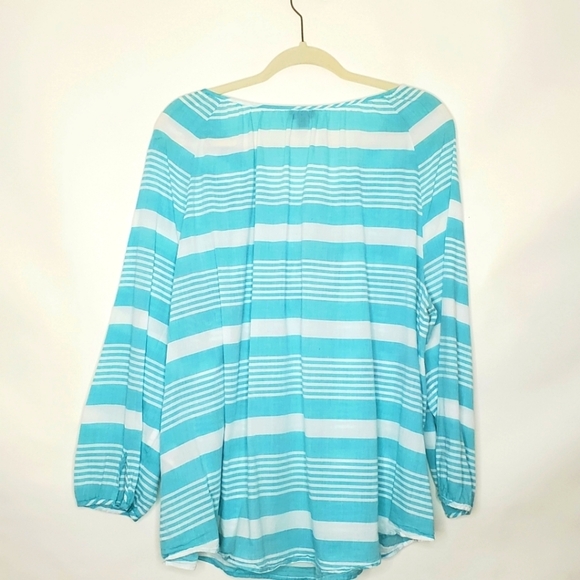 Talbots Woman Beaded Striped Top Size 2X Blue White Cotton Boho Popover Coastal - Picture 5 of 12